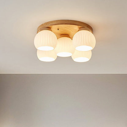 Contemporary Scandinavian Round Ball Solid Wood Metal Glass 3/5 Semi-Flush Mount Ceiling Light For Bedroom