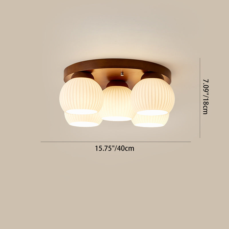 Contemporary Scandinavian Round Ball Solid Wood Metal Glass 3/5 Semi-Flush Mount Ceiling Light For Bedroom