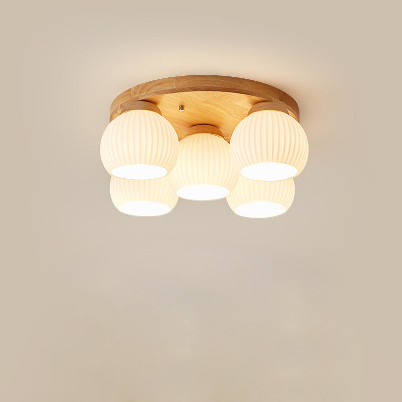 Contemporary Scandinavian Round Ball Solid Wood Metal Glass 3/5 Semi-Flush Mount Ceiling Light For Bedroom