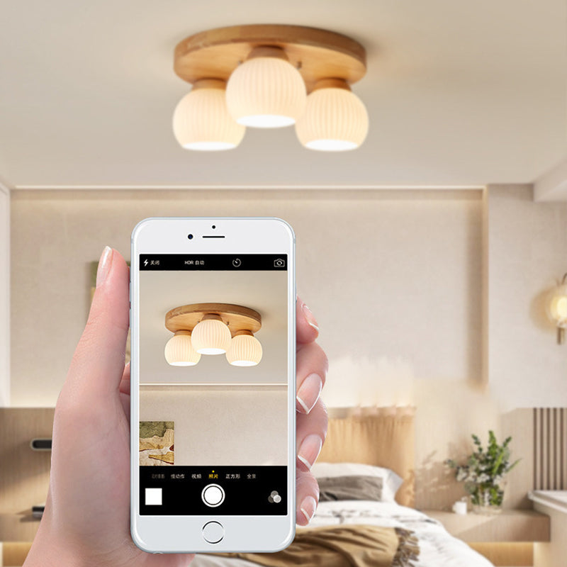 Contemporary Scandinavian Round Ball Solid Wood Metal Glass 3/5 Semi-Flush Mount Ceiling Light For Bedroom