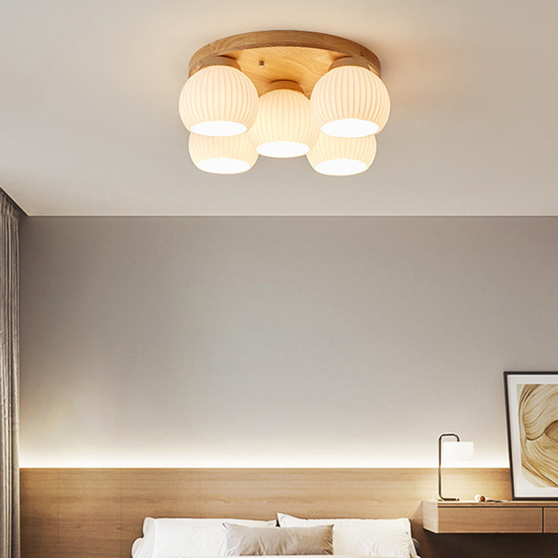Contemporary Scandinavian Round Ball Solid Wood Metal Glass 3/5 Semi-Flush Mount Ceiling Light For Bedroom