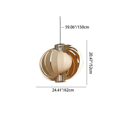 Traditional Vintage Cylindrical Semi-circular Flake Spiral Wooden 1-Light Pendant Light For Living Room