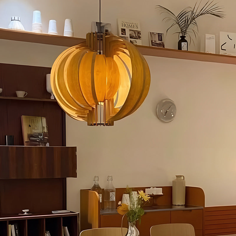 Traditional Vintage Cylindrical Semi-circular Flake Spiral Wooden 1-Light Pendant Light For Living Room