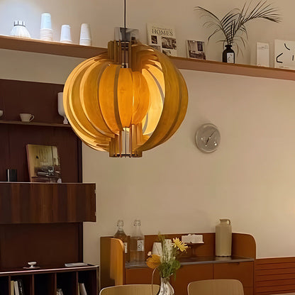 Traditional Vintage Cylindrical Semi-circular Flake Spiral Wooden 1-Light Pendant Light For Living Room