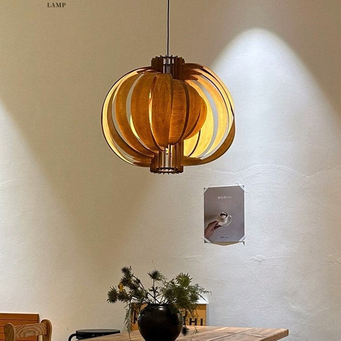 Traditional Vintage Cylindrical Semi-circular Flake Spiral Wooden 1-Light Pendant Light For Living Room