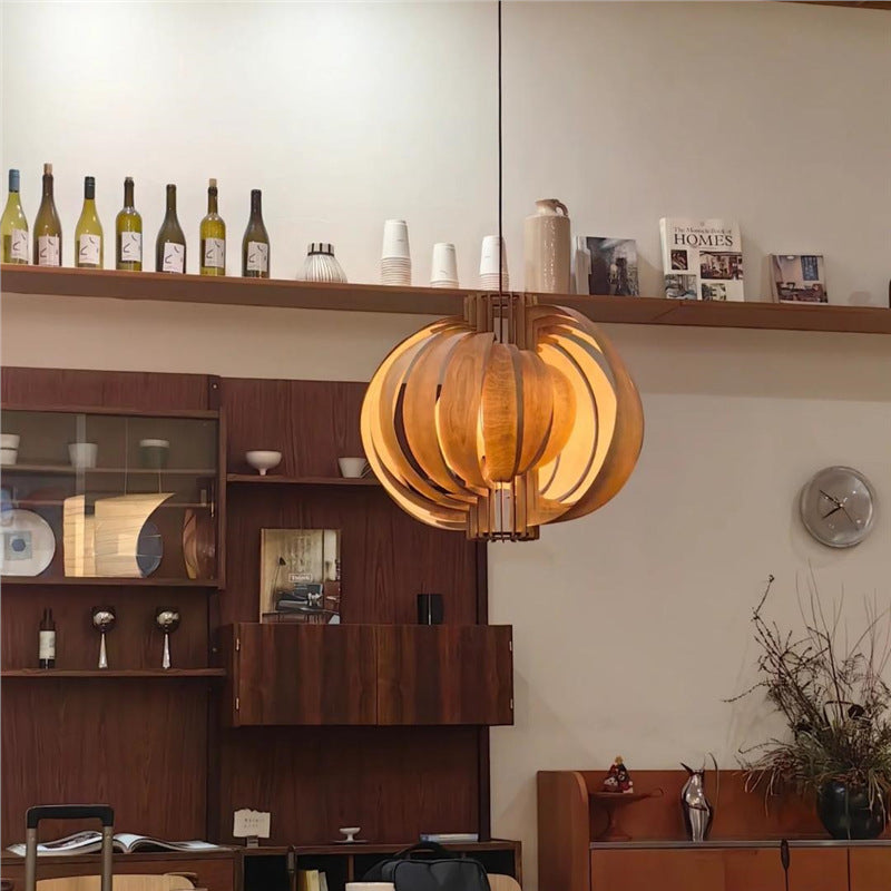 Traditional Vintage Cylindrical Semi-circular Flake Spiral Wooden 1-Light Pendant Light For Living Room