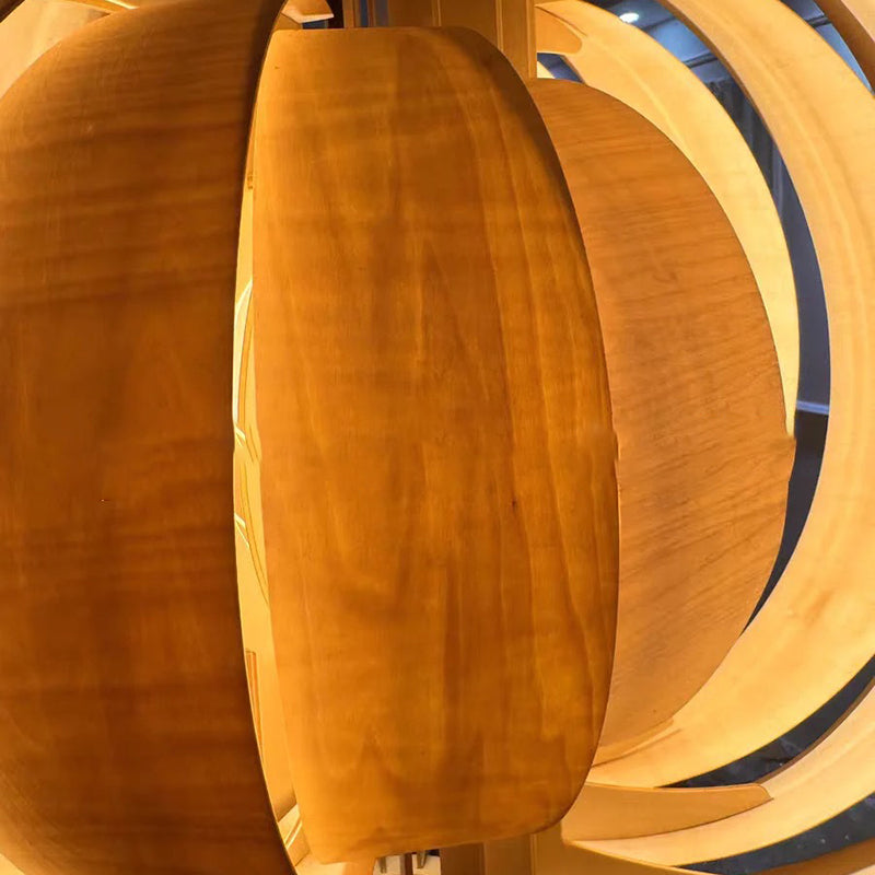 Traditional Vintage Cylindrical Semi-circular Flake Spiral Wooden 1-Light Pendant Light For Living Room