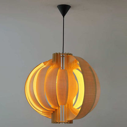 Traditional Vintage Cylindrical Semi-circular Flake Spiral Wooden 1-Light Pendant Light For Living Room