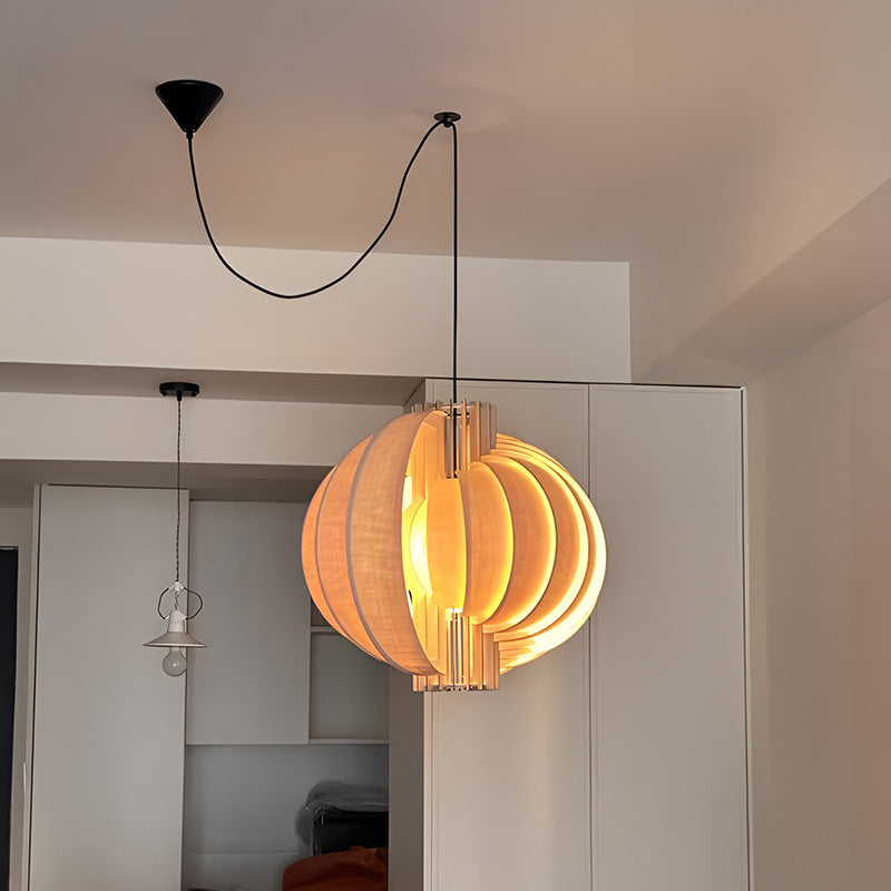 Traditional Vintage Cylindrical Semi-circular Flake Spiral Wooden 1-Light Pendant Light For Living Room