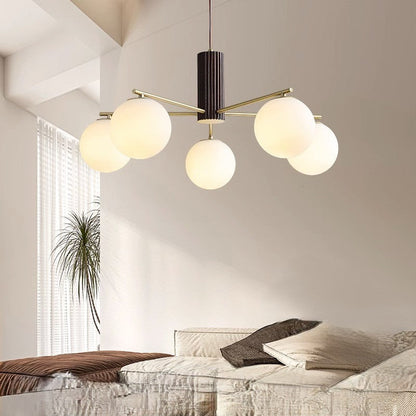 Contemporary Scandinavian Cylinder Spherical Branch Copper Wood Glass 3/5 Chandelier For Living Room