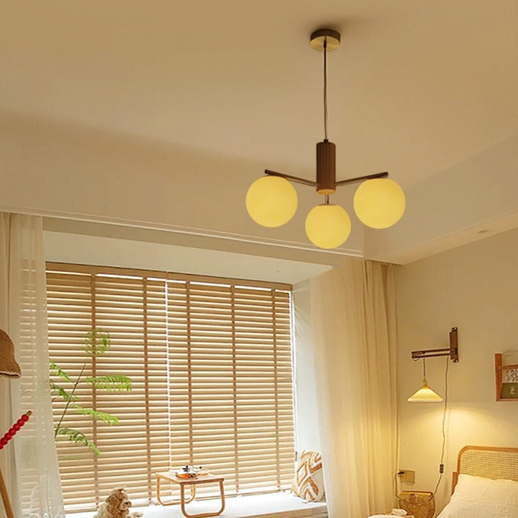 Contemporary Scandinavian Cylinder Spherical Branch Copper Wood Glass 3/5 Chandelier For Living Room