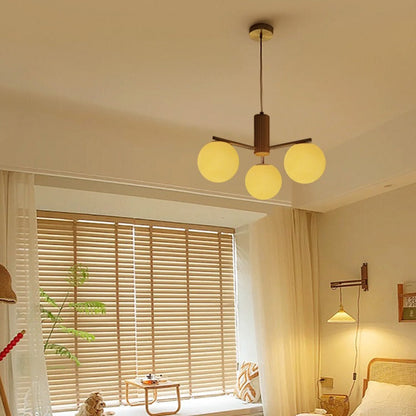 Contemporary Scandinavian Cylinder Spherical Branch Copper Wood Glass 3/5 Chandelier For Living Room