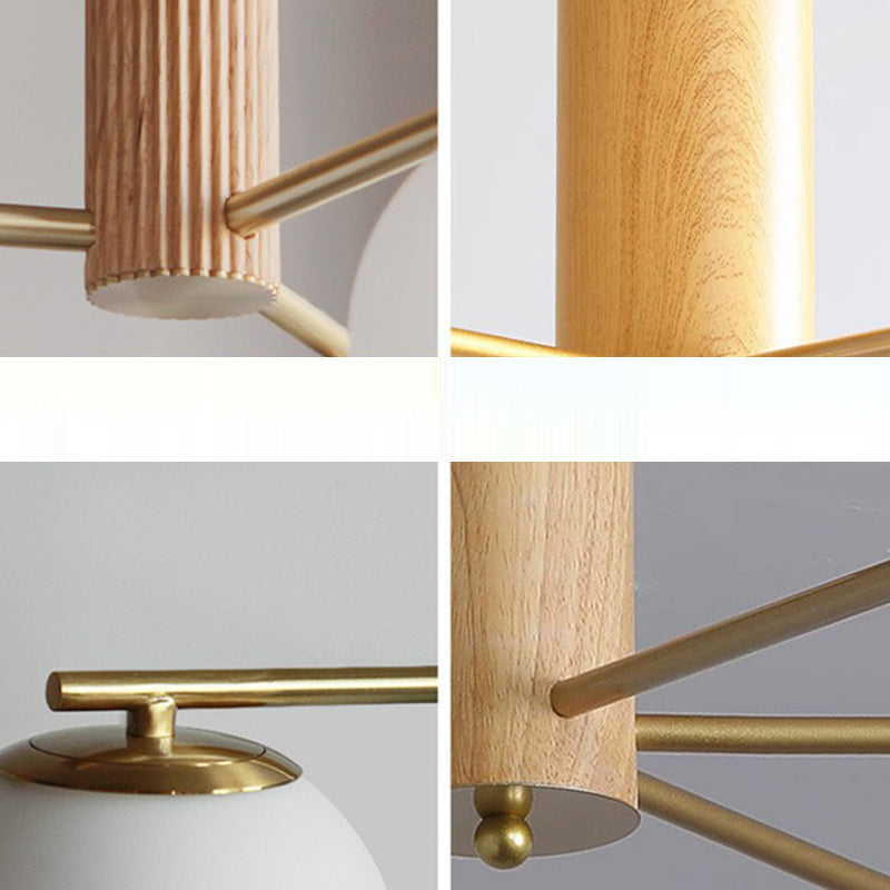 Contemporary Scandinavian Cylinder Spherical Branch Copper Wood Glass 3/5 Chandelier For Living Room