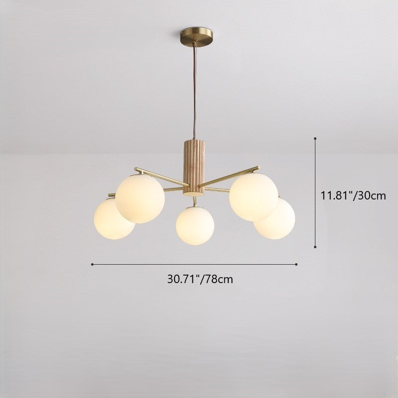 Contemporary Scandinavian Cylinder Spherical Branch Copper Wood Glass 3/5 Chandelier For Living Room