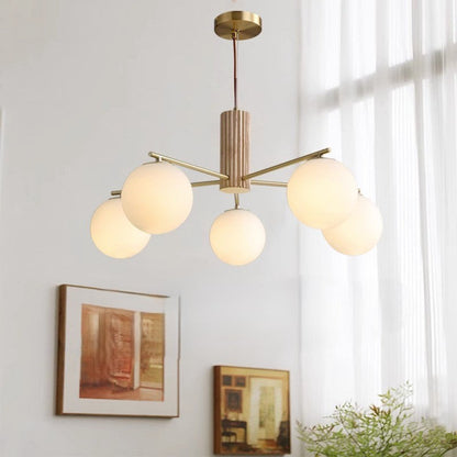 Contemporary Scandinavian Cylinder Spherical Branch Copper Wood Glass 3/5 Chandelier For Living Room