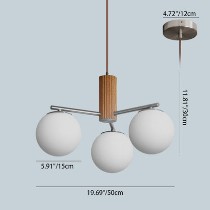 Contemporary Scandinavian Cylinder Spherical Branch Copper Wood Glass 3/5 Chandelier For Living Room