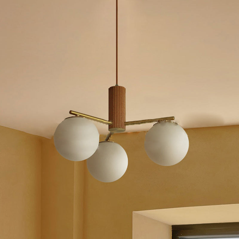 Contemporary Scandinavian Cylinder Spherical Branch Copper Wood Glass 3/5 Chandelier For Living Room