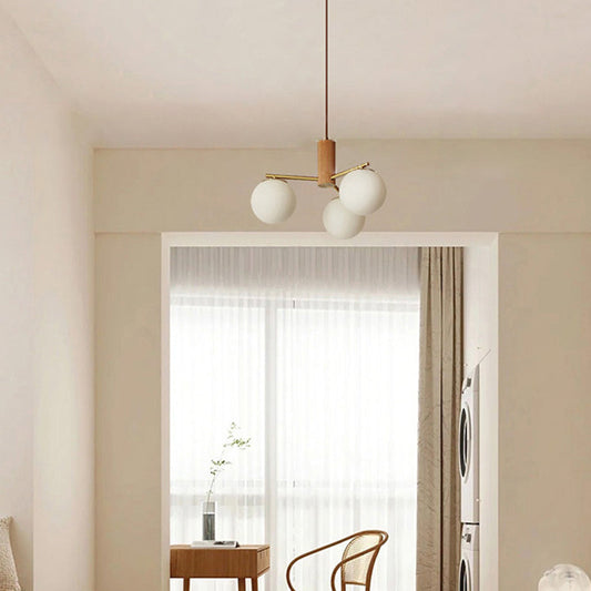 Contemporary Scandinavian Cylinder Spherical Branch Copper Wood Glass 3/5 Chandelier For Living Room
