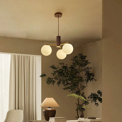 Contemporary Scandinavian Cylinder Spherical Branch Copper Wood Glass 3/5 Chandelier For Living Room
