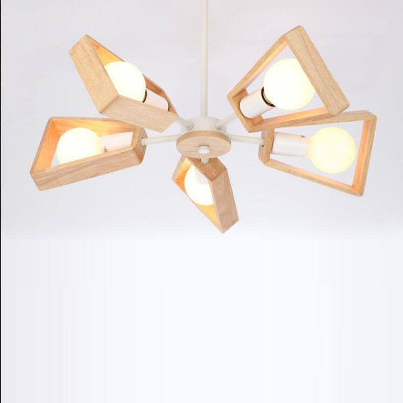 Contemporary Scandinavian Trapezoidal Branch Disc Base Iron Wood 3/5/6/8 Chandelier For Living Room