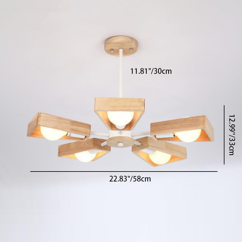 Contemporary Scandinavian Trapezoidal Branch Disc Base Iron Wood 3/5/6/8 Chandelier For Living Room