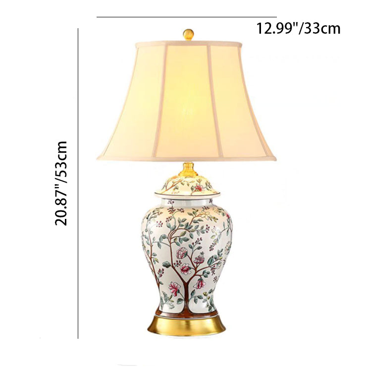 Traditional Vintage Oval Round Plum Blossom Ceramic Metal Fabric 1-Light Table Lamp For Living Room