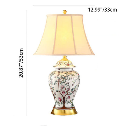 Traditional Vintage Oval Round Plum Blossom Ceramic Metal Fabric 1-Light Table Lamp For Living Room