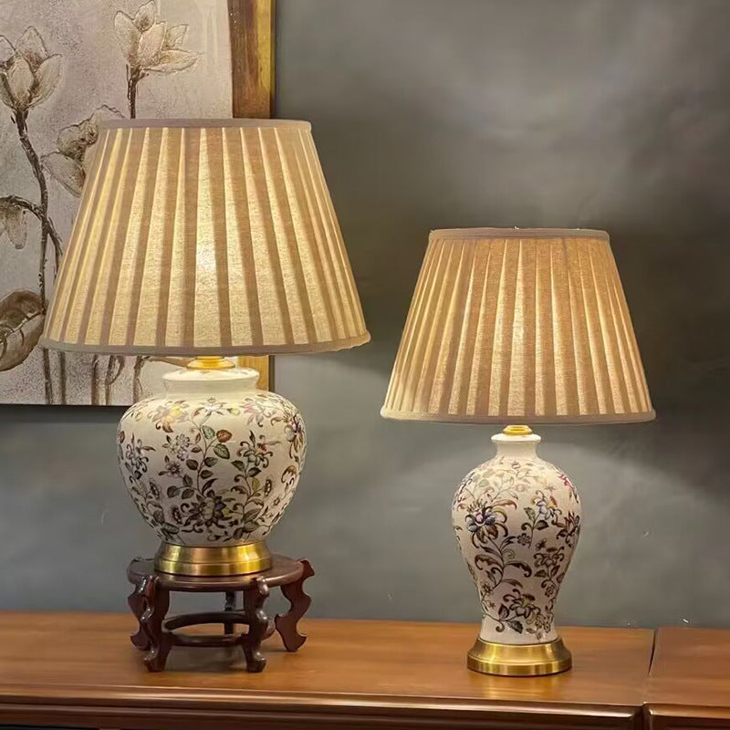 Traditional Vintage Oval Round Plum Blossom Ceramic Metal Fabric 1-Light Table Lamp For Living Room