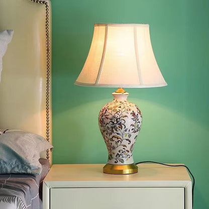 Traditional Vintage Oval Round Plum Blossom Ceramic Metal Fabric 1-Light Table Lamp For Living Room