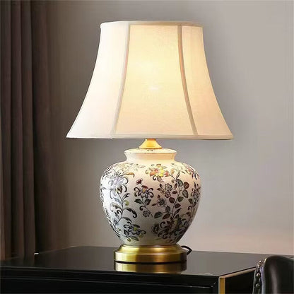 Traditional Vintage Oval Round Plum Blossom Ceramic Metal Fabric 1-Light Table Lamp For Living Room