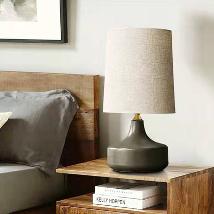 Contemporary Scandinavian Cylinder Round Table Ceramic Metal Fabric 1-Light Table Lamp For Bedroom