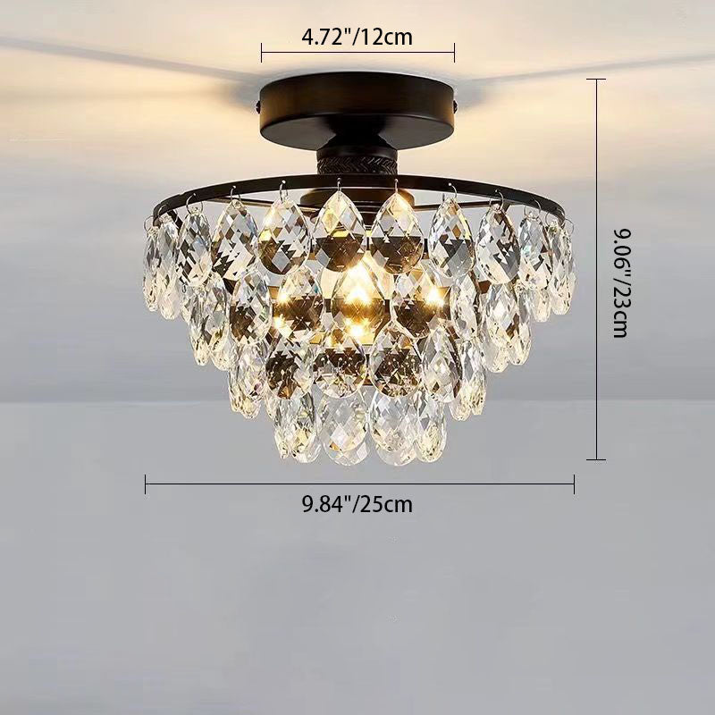 Modern Luxury Round Cone Teardrop Iron Crystal 1-Light Semi-Flush Mount Ceiling Light For Living Room