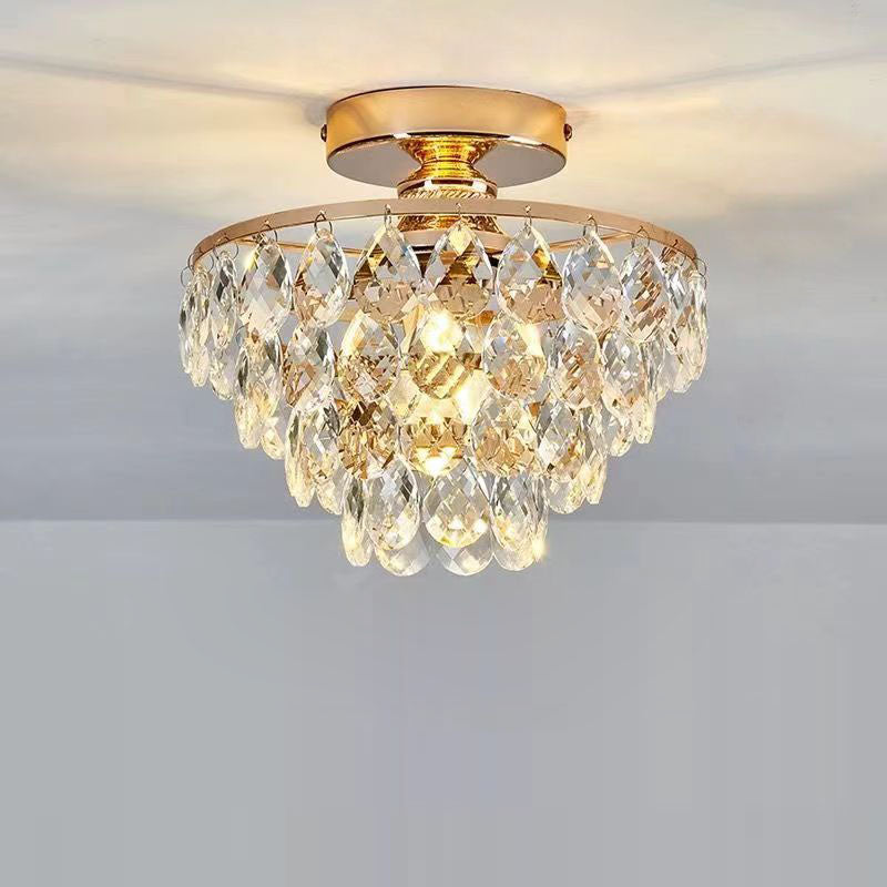 Modern Luxury Round Cone Teardrop Iron Crystal 1-Light Semi-Flush Mount Ceiling Light For Living Room