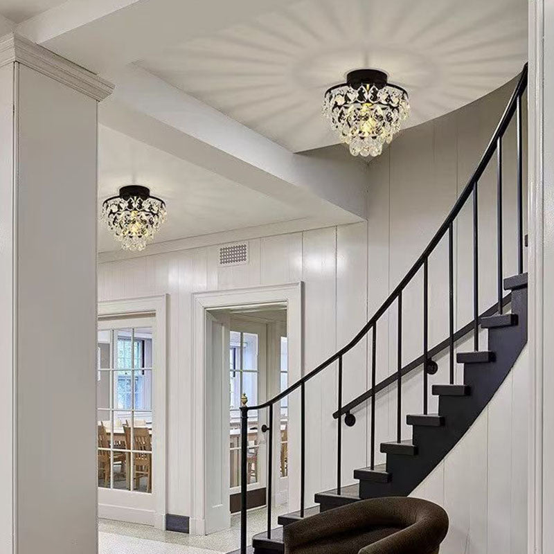 Modern Luxury Round Cone Teardrop Iron Crystal 1-Light Semi-Flush Mount Ceiling Light For Living Room