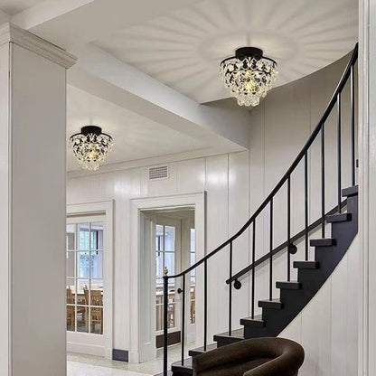 Modern Luxury Round Cone Teardrop Iron Crystal 1-Light Semi-Flush Mount Ceiling Light For Living Room