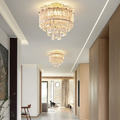 Modern Luxury Cylinder Multi-Layer Rectangle Hardware Crystal LED Semi-Flush Mount Ceiling Light For Living Room