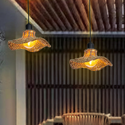 Traditional Vintage Waterproof Lotus Leaf PE Rattan 1-Light Pendant Light For Outdoor Patio