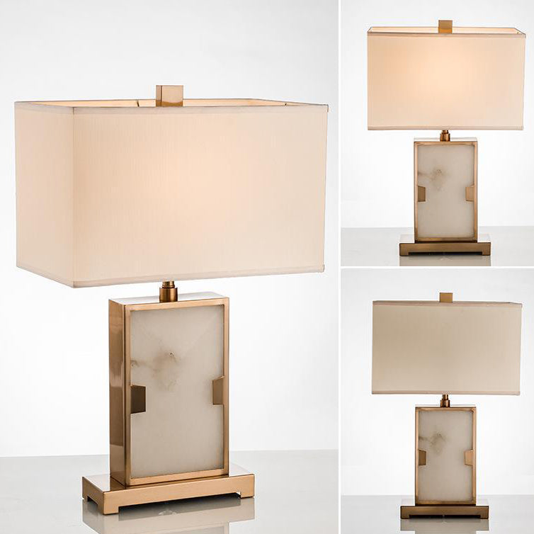 Traditional Chinese Rectangle Hardware Marble Fabric 1-Light Table Lamp For Bedroom