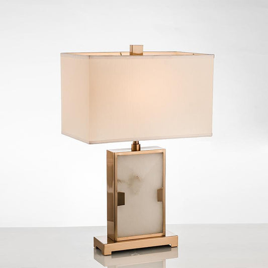 Traditional Chinese Rectangle Hardware Marble Fabric 1-Light Table Lamp For Bedroom