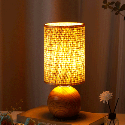 Traditional Vintage Cylinder Ball Ceramic Wood Fabric 1-Light Table Lamp For Bedroom