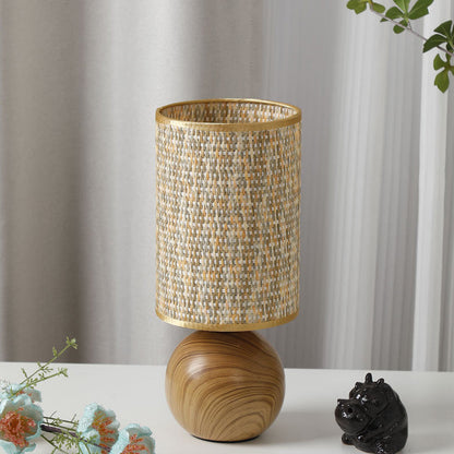 Traditional Vintage Cylinder Ball Ceramic Wood Fabric 1-Light Table Lamp For Bedroom
