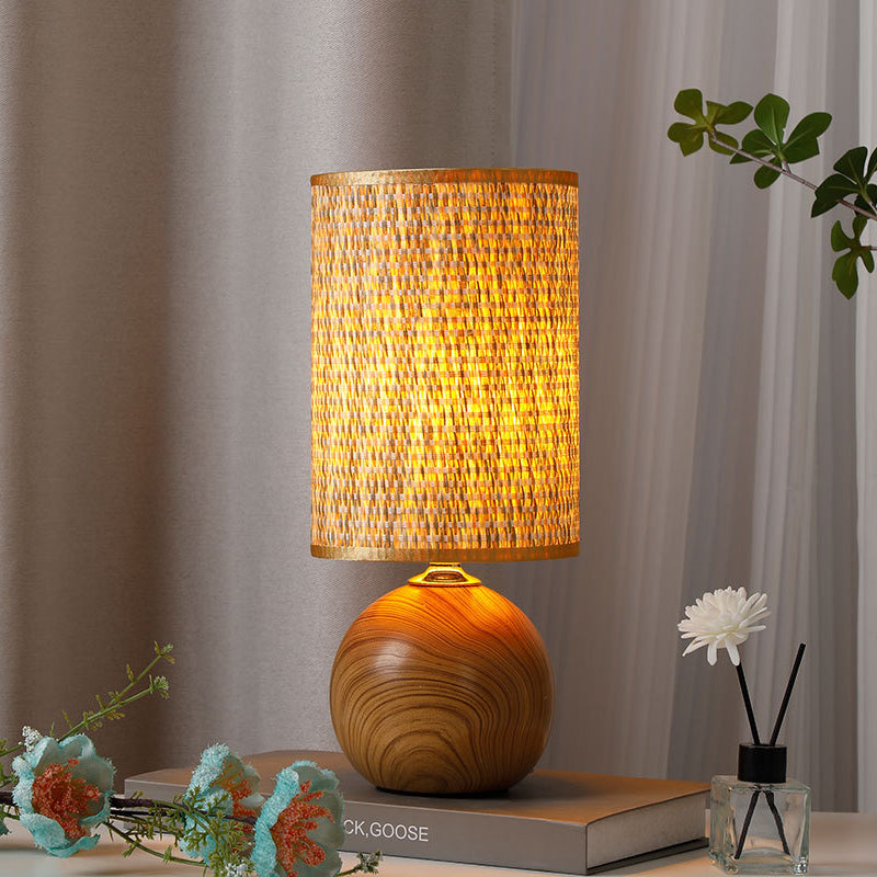 Traditional Vintage Cylinder Ball Ceramic Wood Fabric 1-Light Table Lamp For Bedroom