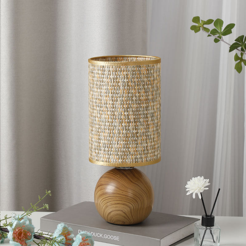 Traditional Vintage Cylinder Ball Ceramic Wood Fabric 1-Light Table Lamp For Bedroom