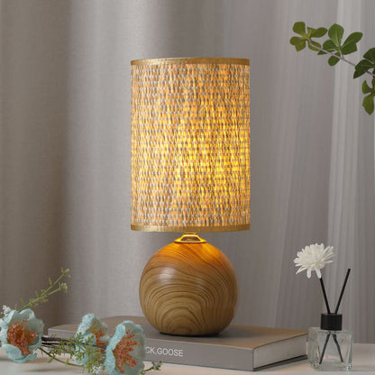 Traditional Vintage Cylinder Ball Ceramic Wood Fabric 1-Light Table Lamp For Bedroom