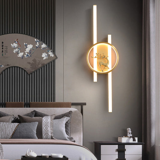 Traditional Chinese Round Strip Plum Deer Full Copper Silicone LED Wall Sconce Lamp For Bedroom