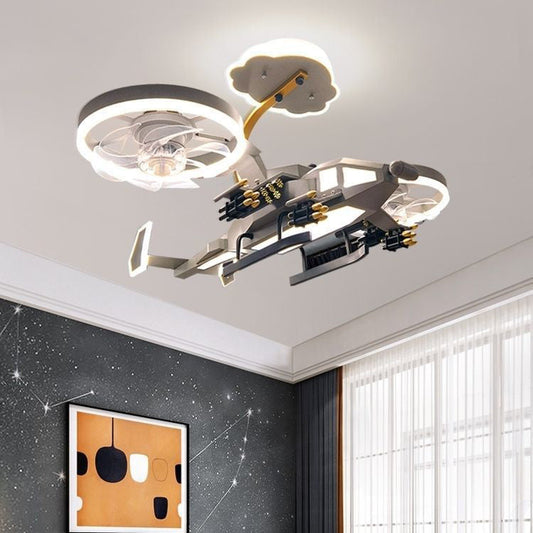 Contemporary Creative Kids Airplane Acrylic LED Flush Mount Ceiling Fan Light For Bedroom
