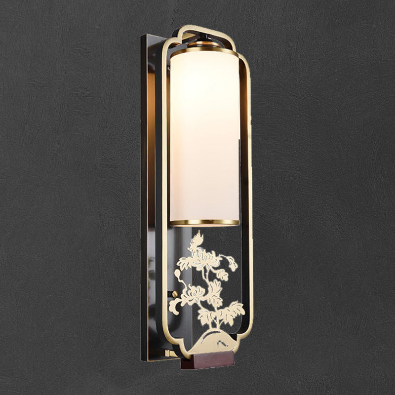 Traditional Chinese Cylinder Rectangle Plum Orchid Bamboo Chrysanthemum Iron Glass 1-Light Wall Sconce Lamp For Living Room