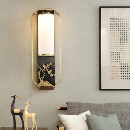 Traditional Chinese Cylinder Rectangle Plum Orchid Bamboo Chrysanthemum Iron Glass 1-Light Wall Sconce Lamp For Living Room