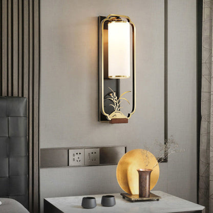 Traditional Chinese Cylinder Rectangle Plum Orchid Bamboo Chrysanthemum Iron Glass 1-Light Wall Sconce Lamp For Living Room