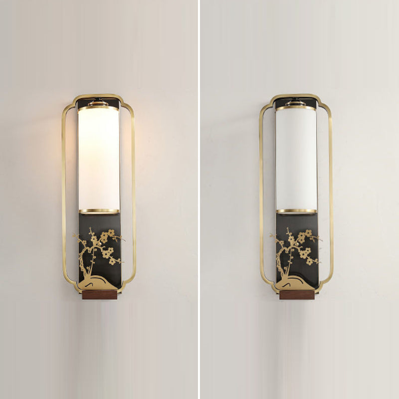 Traditional Chinese Cylinder Rectangle Plum Orchid Bamboo Chrysanthemum Iron Glass 1-Light Wall Sconce Lamp For Living Room
